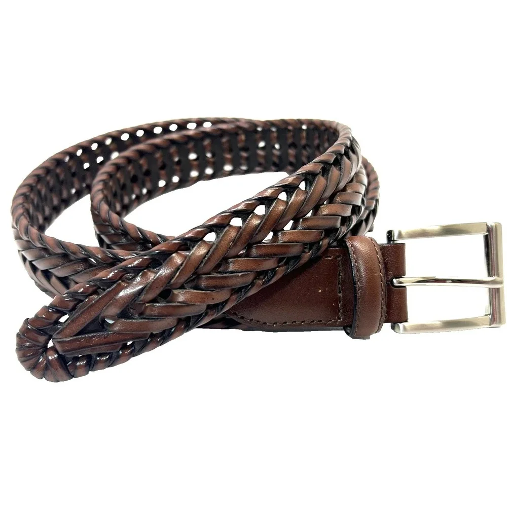 ROUNDTREE Brown Leather Braided Belt Mens 39